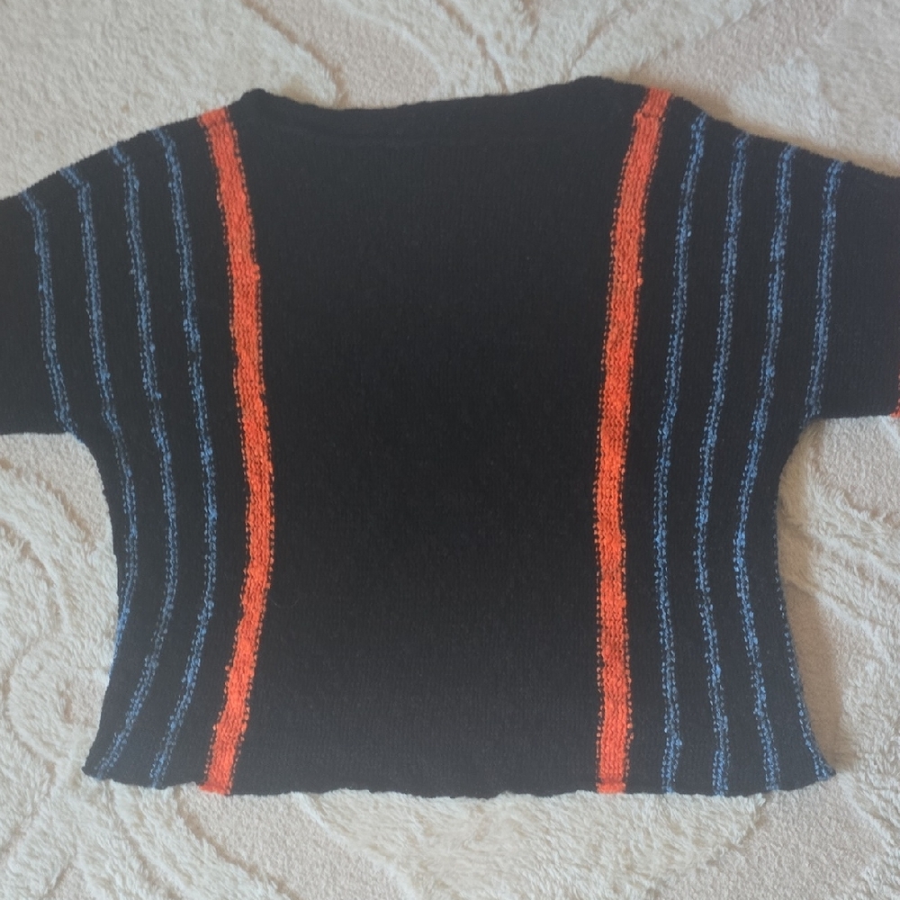 Black Knit Top with Red and Blue Stripes